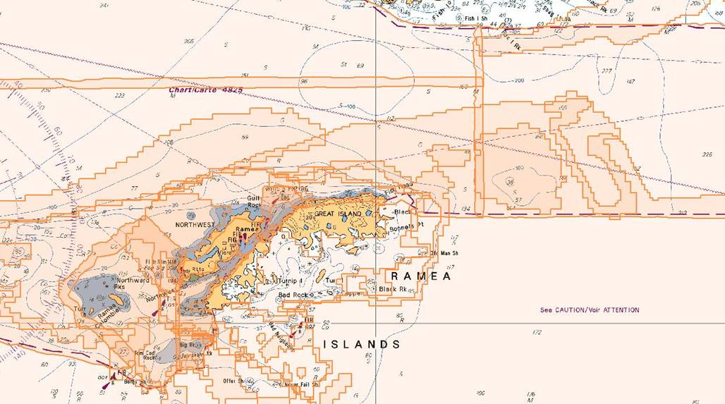 Example of initial Bathy Database view of nautical chart 4826. Covers Ramea Islands, Newfoundland.